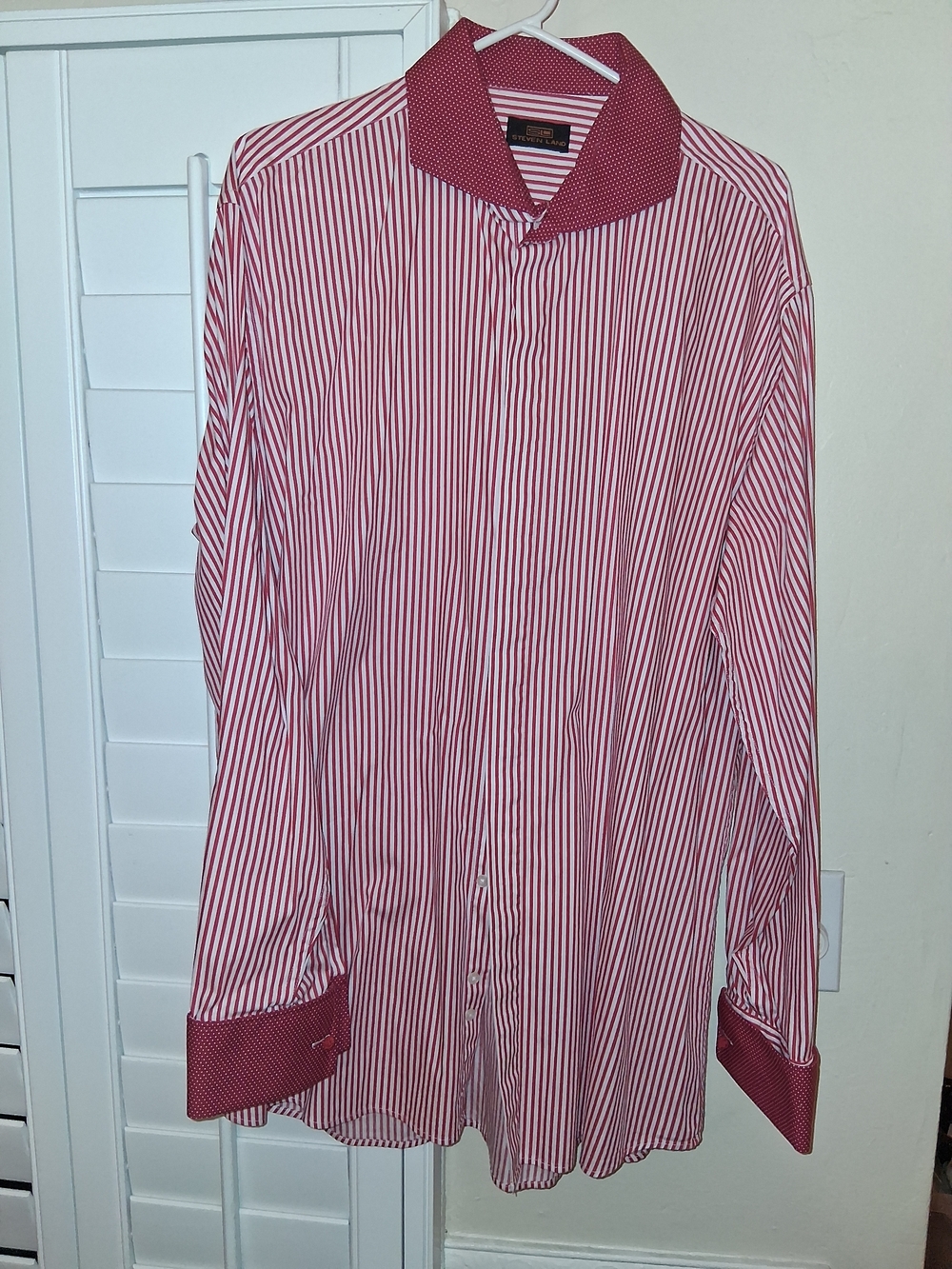 Men's Red & White Striped Dress Shirt with Contrast Collar